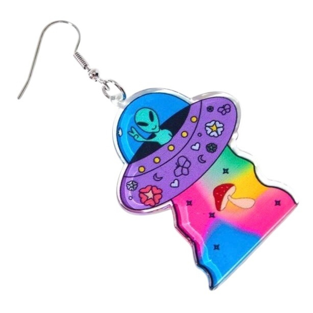 Colorful Alien UFO Acrylic Earrings – Halloween Weirdcore Space Jewelry - Picture 2 of 13